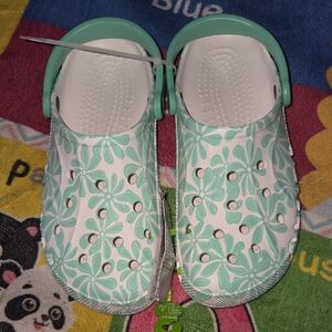 Floral Kids Clogs - Mint Green and White